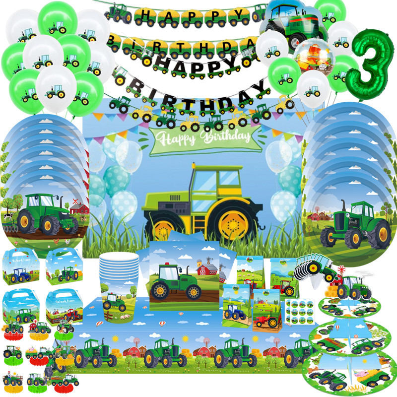 Kids Outdoor Excavator - Green Farm Tractor Theme Disposable Tableware